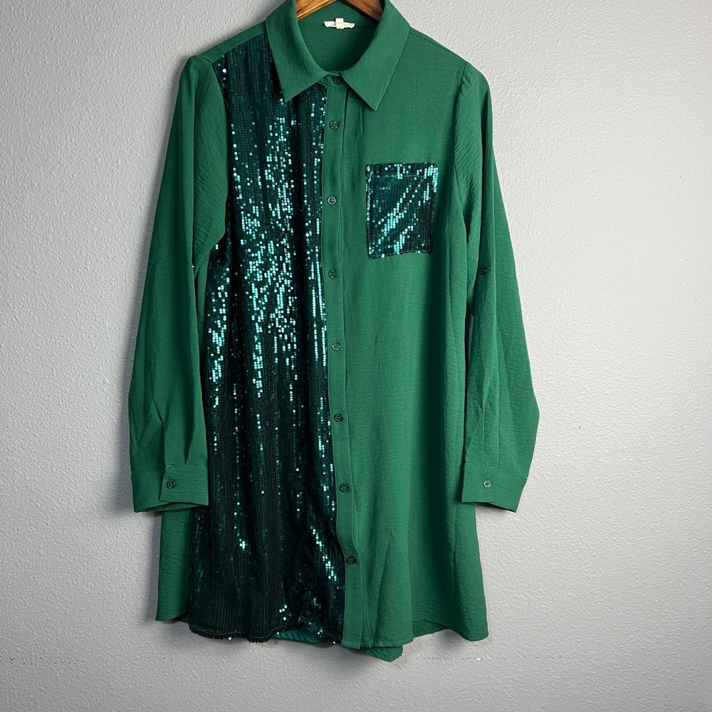 JODIFL Emerald Green Long Sleeve Sequin Accent Shirt Dress